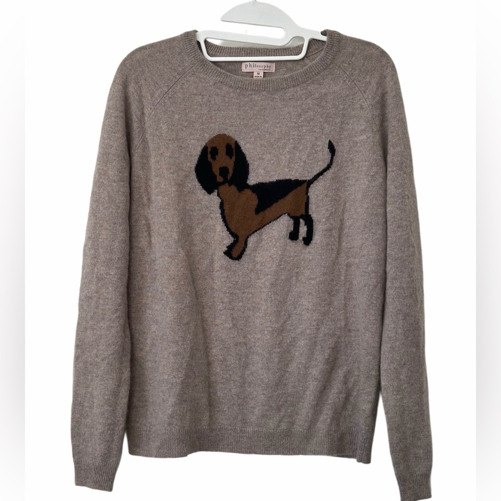 Philosophy 100% Cashmere Dog Sweater Tan Beige Dachshund Intarsia Crewneck Med